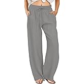FireSwan Womens Palazzo Pants Casual Drawstring Flowy Pants Wide Leg Summer Beach Linen Trousers with Pockets