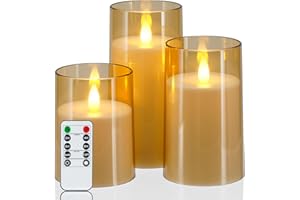 Homemory Realistic Flickering Flameless Candles, Battery Operated Candles with Remote Control and Timer, LED Fake Electric Candle for Home, Christmas Decoration, Gold, Set of 3