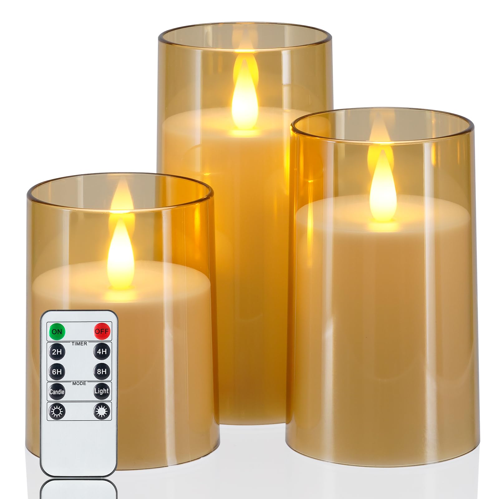 Photo 1 of Homemory Realistic Flickering Flameless Candles, Battery Operated Candles with Remote Control and Timer, LED Fake Electric Candle for Home, Christmas Decoration, Gold, Set of 3