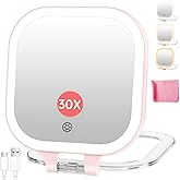 FASCINATE 3.5" Rechargeable Travel Makeup Mirror 30X Magnification (Pink) | Lighted Portable Vanity Mirror with 3 Colors Lighting &amp; Stepless Dimming, Double Sided LED Mirror, Gift for Women