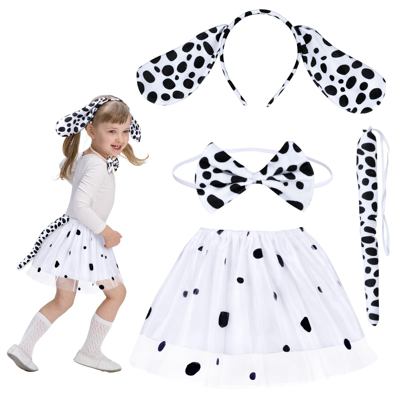 HONMOK 4 PCS Kids Dalmatian Costume, Halloween Dalmatian Dog Outfit Include Spotted Dog Ears Headband Tutu Dress Tail Bowtie, Dog Fancy Dress Costume for 3-10y Girls Halloween Cosplay Party — image 1