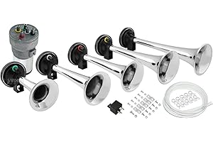 Vixen Horns LOUD 5/Five Trumpet La Cucaracha Musical/Music Sound Air Horn with Compressor Full Complete System/Kit Chrome 12V VXH6803C