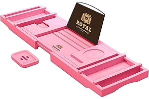 ROYAL CRAFT WOOD Luxury Bathtub Caddy Tray, One or Two Person Bath and Bed Tray, Bonus Free Soap Holder (Pink)