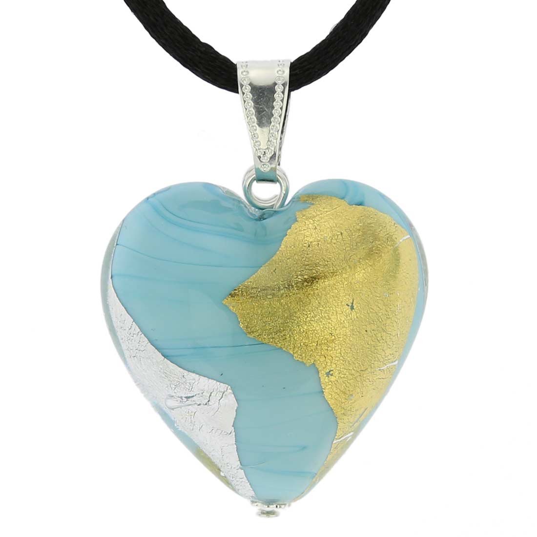 Glass Of Venice Murano Glass Heart Pendant - Turquoise Gold and Silver