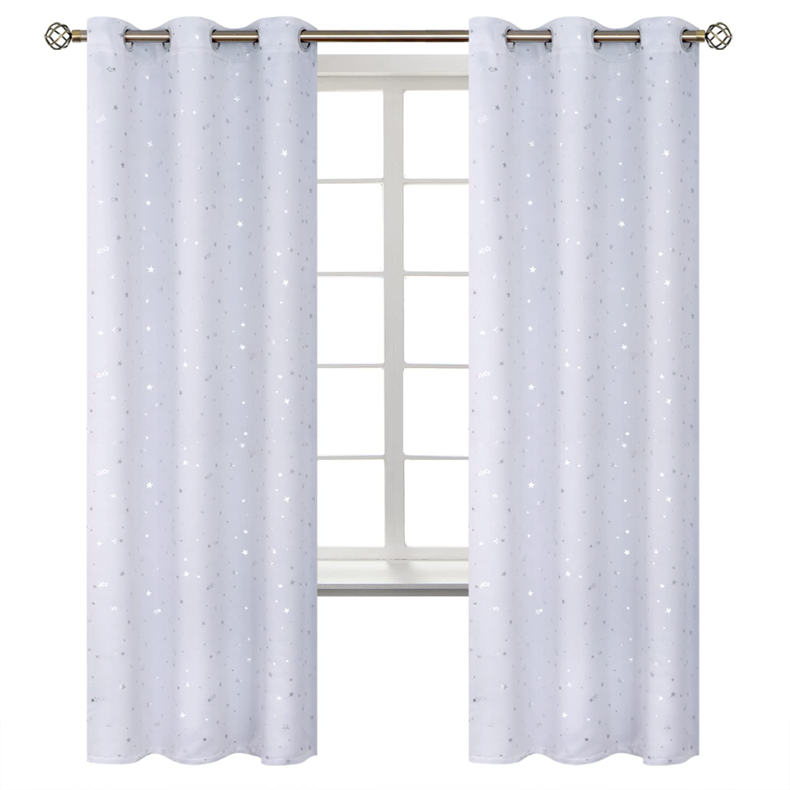 BGment Kids Room Curtains for Bedroom - Grommet Thermal Insulated Silver Star Print Room Darkening Curtains for Living Room, Set of 2 Panels, 42 x 72 Inch, Greyish White