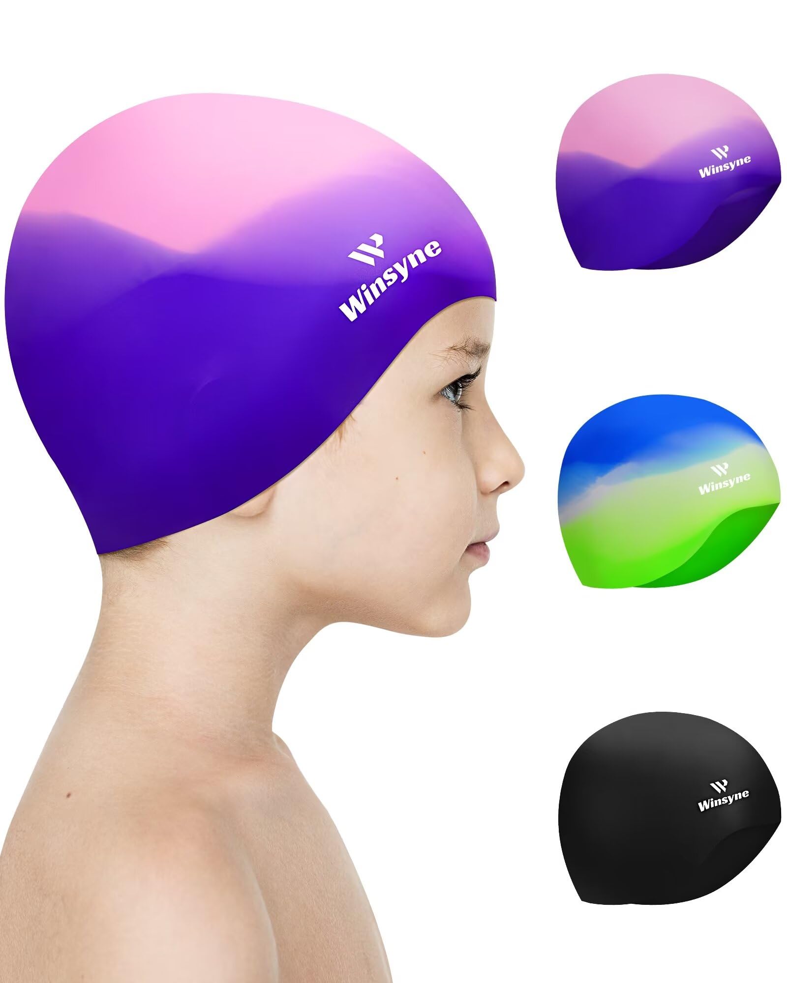 Winsyne 3 Pack Kids Swimming Cap for Boys Girls, Unisex Silicone Swimming Hat for 3-15 Toddler Children Teen, Waterproof Bathing Swim Cap for Short/Long Hair to Keep Hair Dry-Multicolor-02