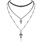 INNERDIVA Gothic Cross Necklace - Triple Layer Gothic Necklace with Black Leather, Beaded Chain Cross Pendants Grunge Vampire Jewelry Gifts