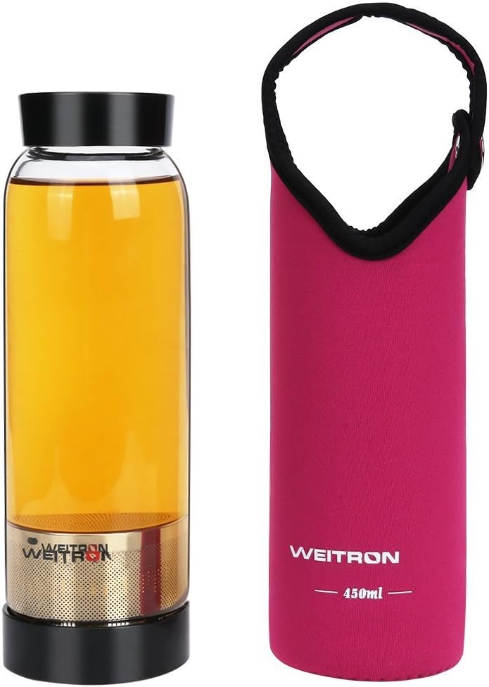 Glass Water Bottle with Removable Stainless Steel Filter and Portable Sleeve, Special Two-Port Design of Small Mouth and Open Mouth, Leak-Proof,BPA-Free