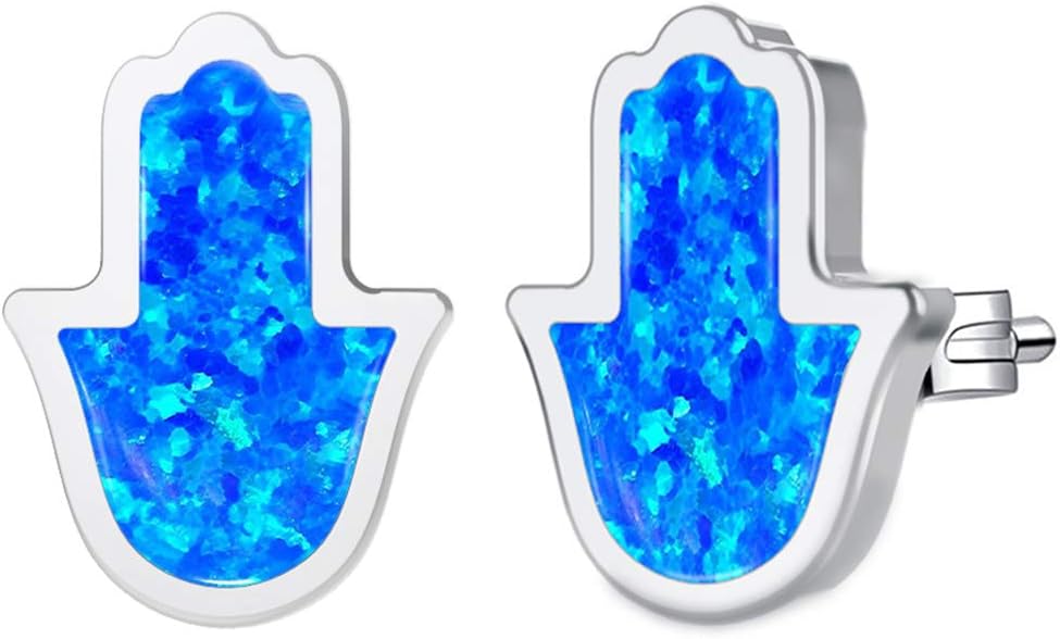 925 Sterling Silver 7MM Created Blue Opal Hand of Hamsa Studs Earrings for Women and Girls