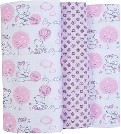 Cueiro Composê Estampado, Papi Textil, Rosa, 80Cmx60Cm, Pacote de 3