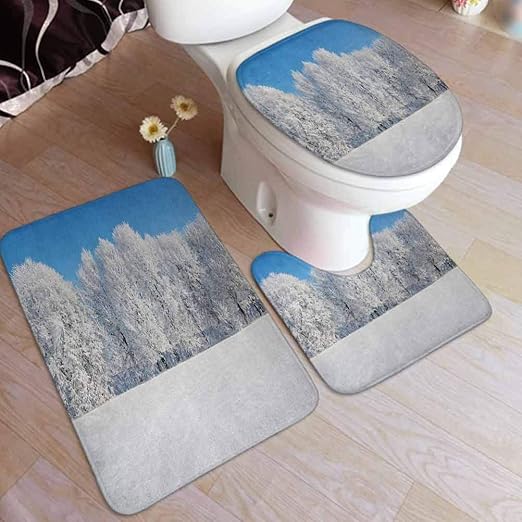 Amazon Com Ahuimin Winter 3 Pcs Bath Rug Set Frosted Trees In The Forest With Snowy Fields Cool Looking Seasonal Photography Bathroom Mat Contour Pad Toilet Cover Rug Home Kitchen