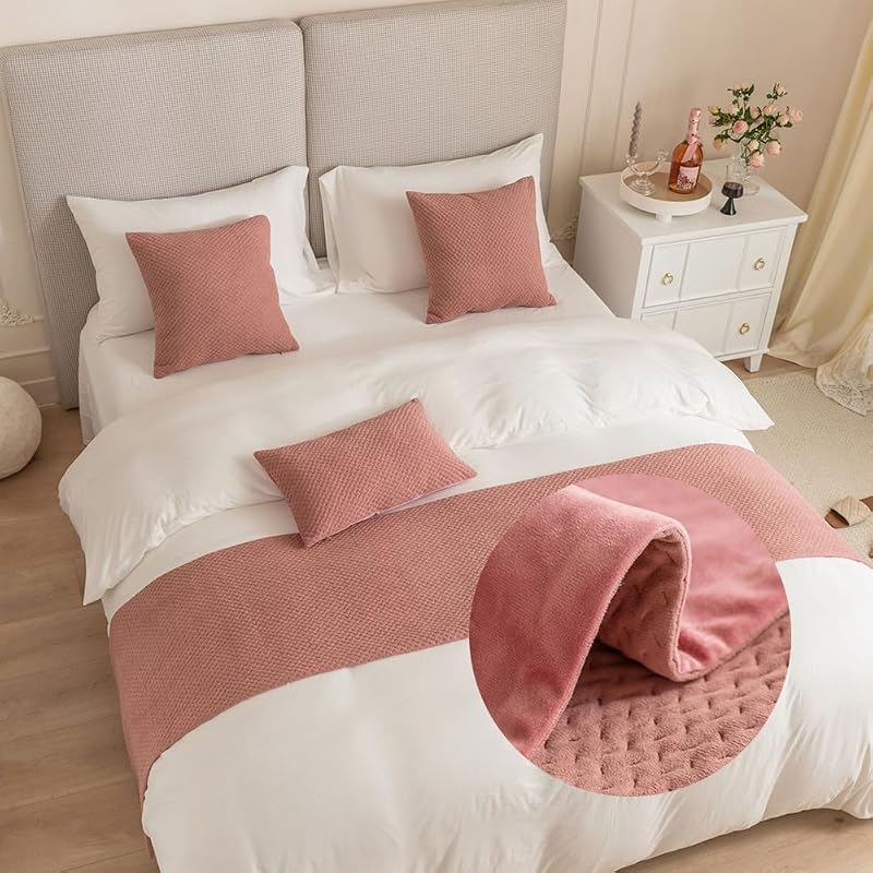 DSAoTeng Jacquard Bed Runner & Cushion Cover Set, Pink, 45x240cm