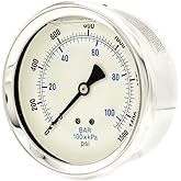 Liquid Filled Center Back Mount Pressure Gauge with 4" Dial, 0-1500 PSI, 1/4" Male NPT Connection, Stainless Steel CASE and B
