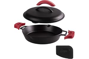 Cast Iron Skillet with Cast Iron Lid - 12"-Inch Dual Handle Frying Pan + Pan Scraper + Silicone Handle Holder Covers - Pre-Se