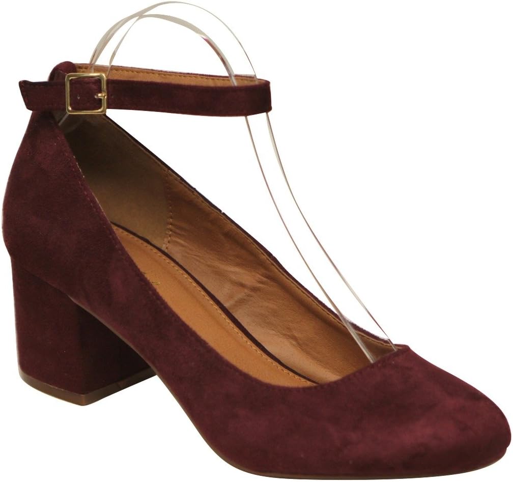 Bonnibel Doris-1 Women's Almond Toe Block Heel Buckle Ankle Strap Suede Pumps