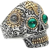 INRENG Men's Stainless Steel Silver Gold Gothic Cross Skull Ring Green Eye Vintage Flower Carved Halloween