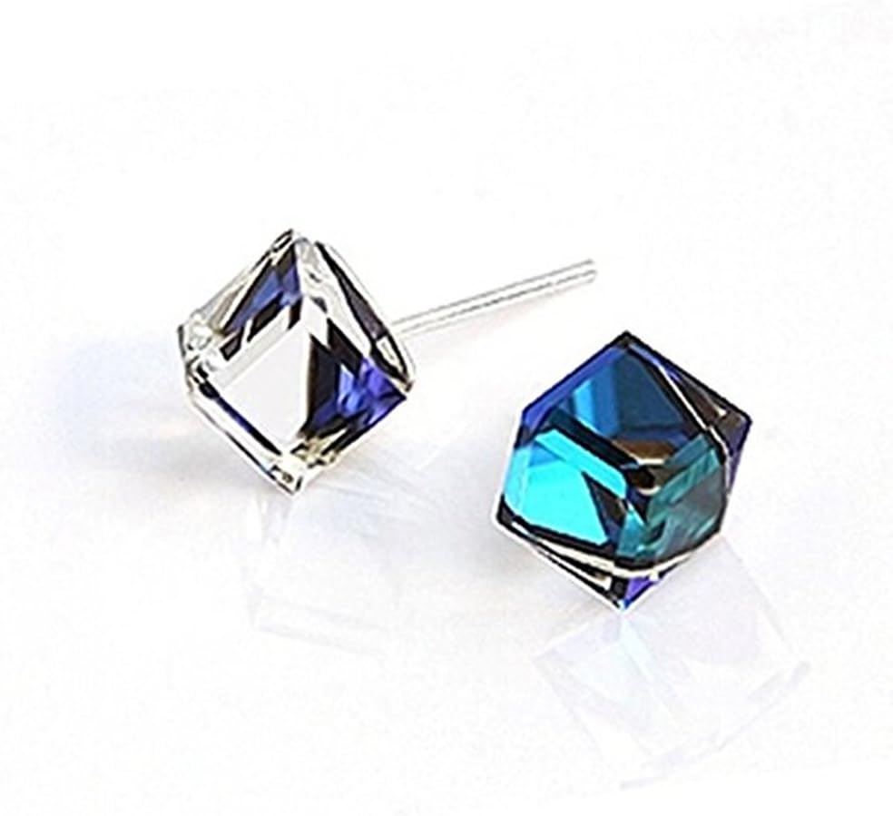 YAXUN Aquamarine Blue Crystal 925 Silver Stud Earrings- Made of 100% Austrian Crystal & Sterling Silver- Pierced Earrings- High Quality- Impressive Glowing Effect-Great Gift For Women Girls