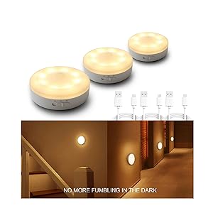 Rechargeable Motion Sensor Light 1000mAH LED Puck Lights, Stick Anywhere Light, Cordless Closet Light, Automatic Under Cabinet Lighting for Counter,Pantry,Wardrobe,Hallway,Stairs,Warm White 3 Pack