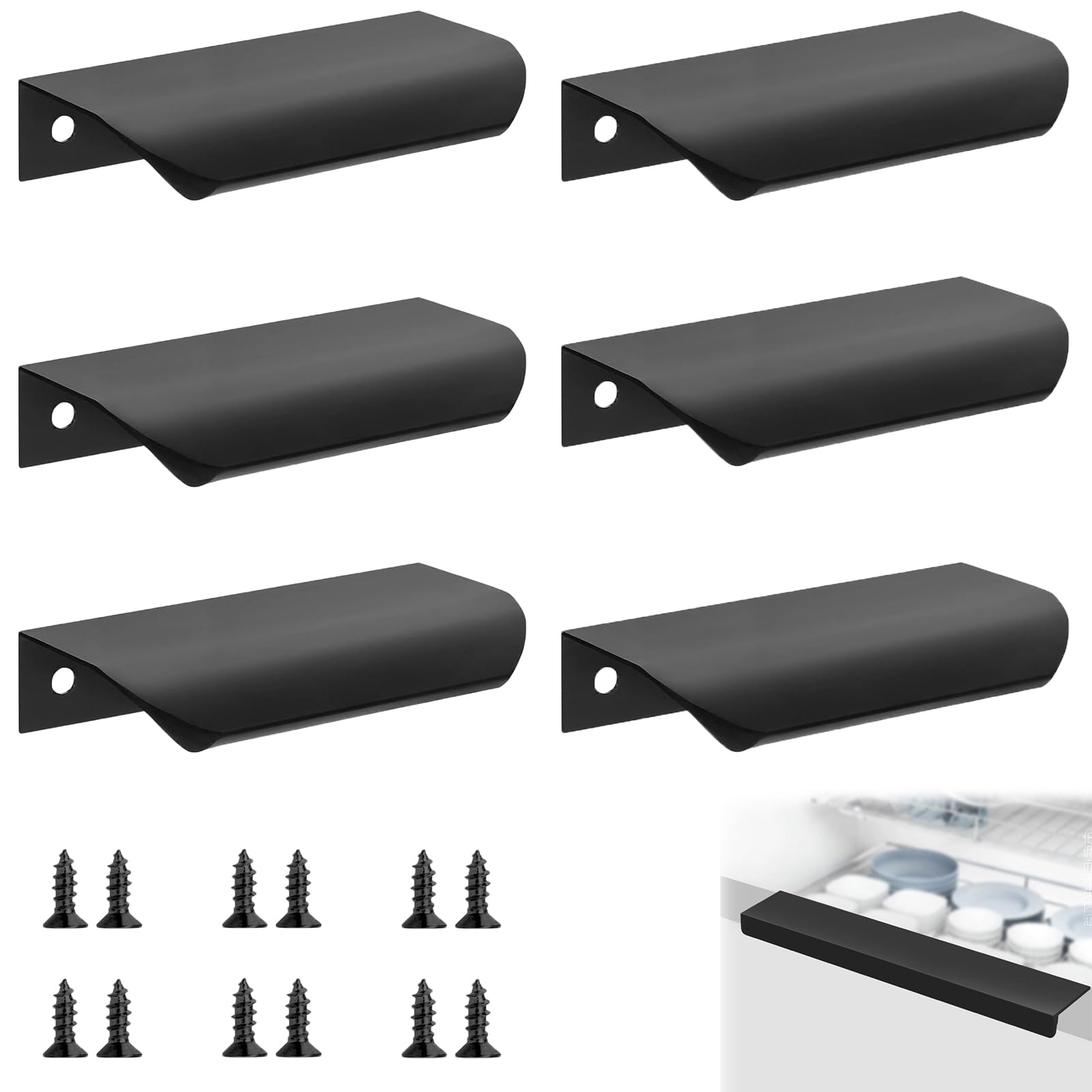 Domicubes 6 Pack Concealed Kitchen Cupboard Handles, Black Cabinet Handles Back Mount Finger Edge Pull 80mm Matte Aluminum Alloy Invisible Handle for Home Kitchen Wardrobe Door Cabinets and Drawers