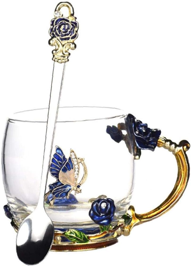 Enamel Glass Tea Cup with Spoon Set Coffee Mugs Flower Butterfly Clear Handle Blue