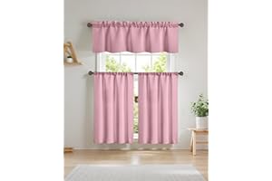 Easy Home 3 Piece Pink Blackout Window Curtain Set with Tiers and Valance Rod Pocket Thermal Privacy Curtain Tiers for Kitchen, Living Room, Bathroom Shades, W27 x L36 Inch, (Pink)
