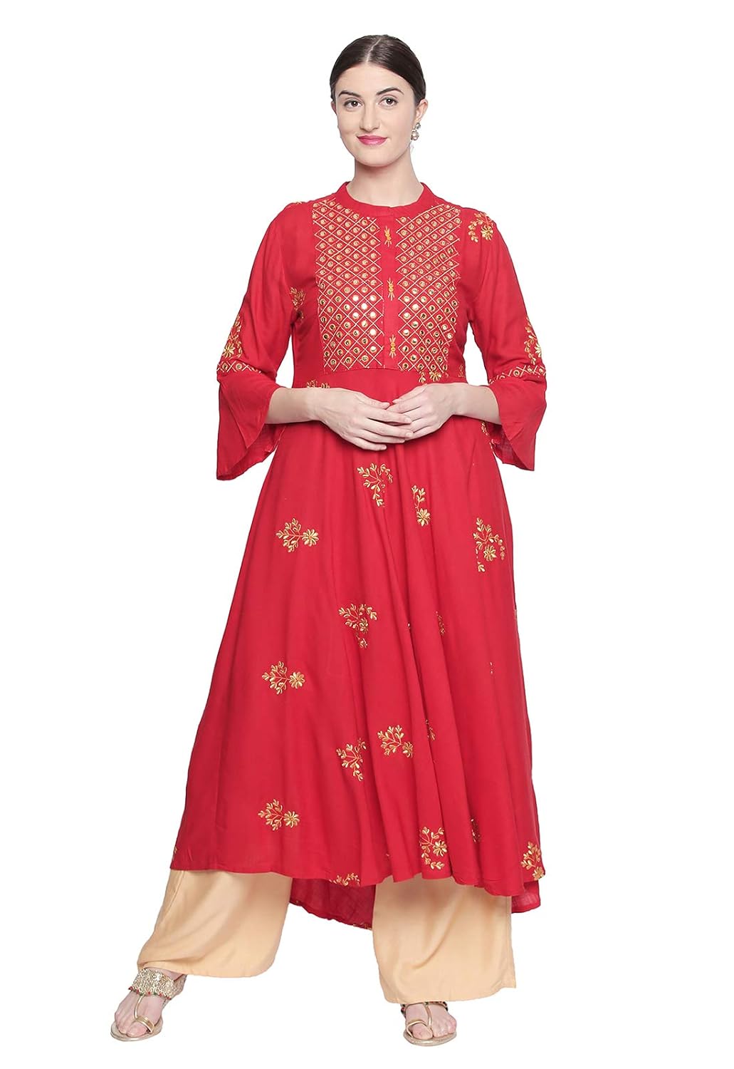 ishin women's red & beige rayon anarkali embroidered kurta palazzo sets
