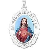 PicturesOnGold.com Sacred Heart of Jesus Scalloped Religious Medal Color - 3/4 Inch X 1 Inch - Sterling Silver