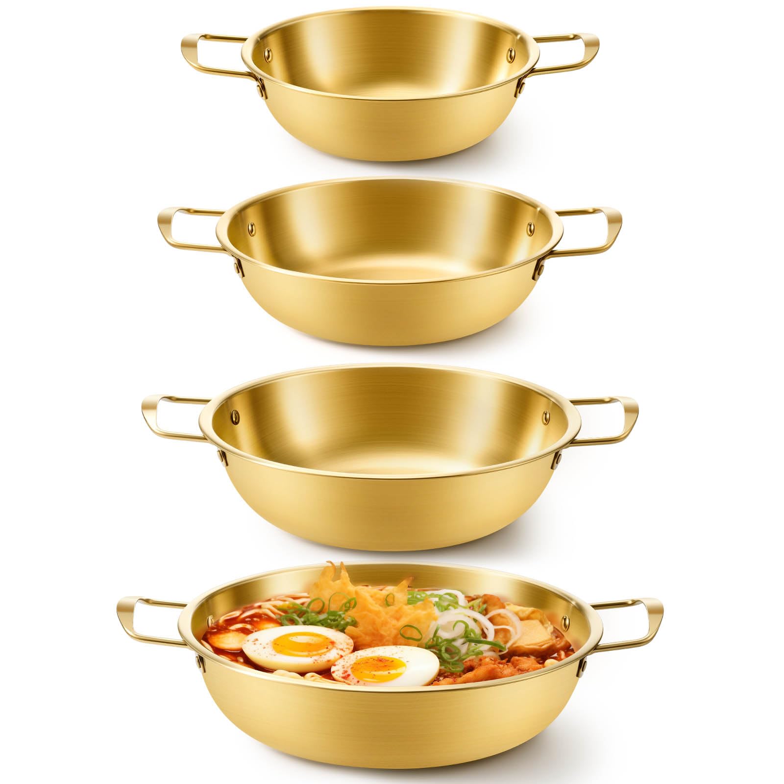 Photo 1 of Patelai 4 Pack Korean Ramen Noodle Pots, Golden Stainless Steel Korean Cooking Pots with Double Handle, Fast Heating Pot for Soup, Noodles, Pasta, Kitchen & Outdoor Use, Sizes 7.1", 8.7", 9.5", 10.2"