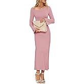 Wenrine Womens Fall Off The Shoulder Bodycon Sweater Dress 2025 Formal Long Sleeve Elegant Cocktail Party Maxi Dresses Pink
