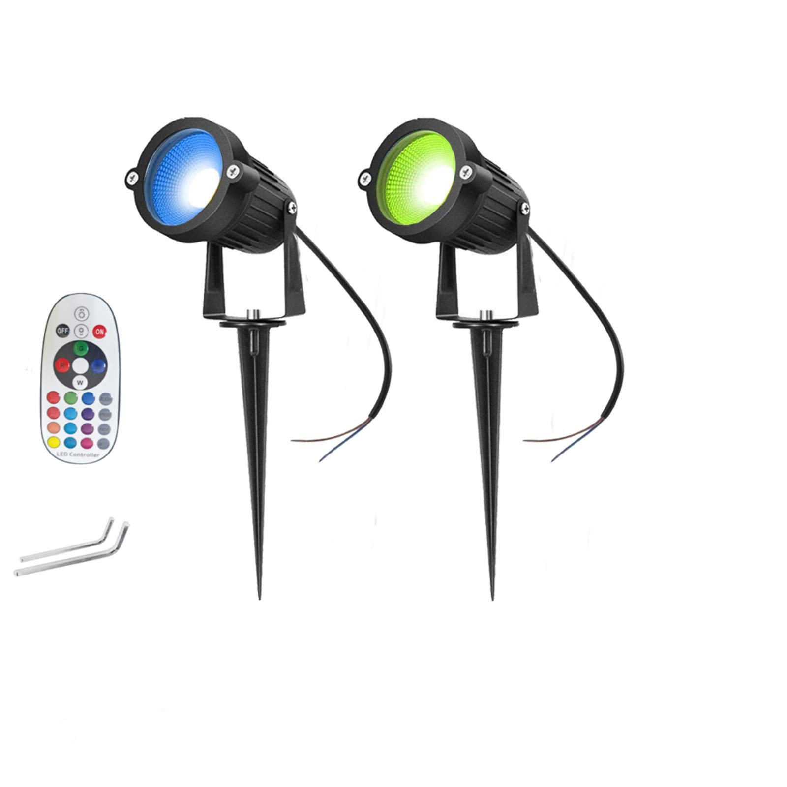Onerbuy Bright Outdoor RGB LED Landscape Lighting 9W COB Garden Wall Yard Path Lawn Light Lamp with Spiked Stand, NO Power Plug, Pack of 2 (RGB 12V)