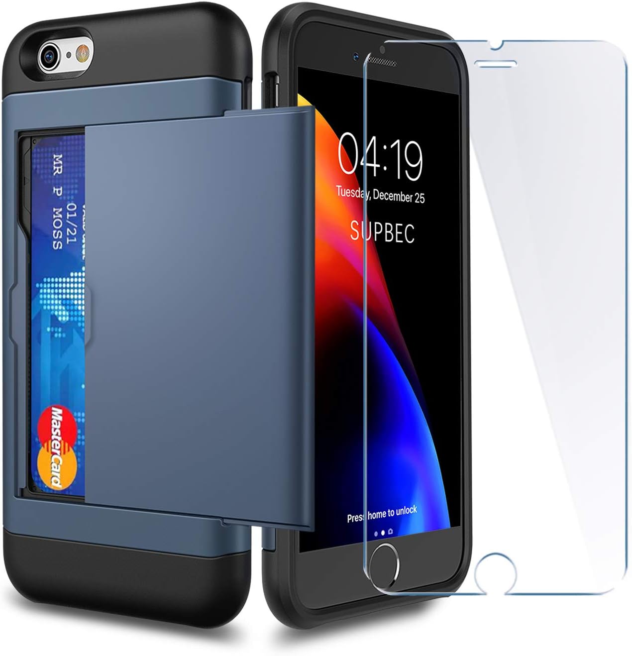 iPhone 6 / 6s Case with Card Holder and[ Screen Protector Tempered Glass x2Pack] SUPBEC i Phone 6/6s Wallet Case Cover with Shockproof Silicone TPU + Anti-Scratch Hard PC - Full Protective (Navy Blue)