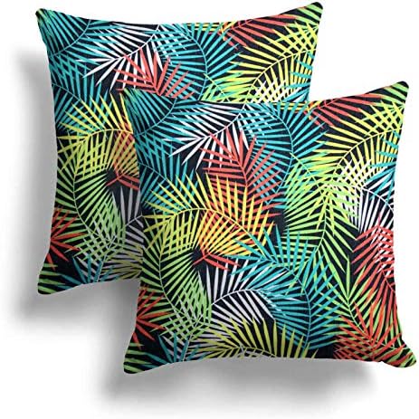 Set of 2 Multicolour Tropical Cushion Covers, Pair of Bright Tropical Fern Design Cushion Covers, Luxury Chenille Cushion Cases, Sofa Chair Bed Throw Pillow Cases, 17" x 17", 43cm x 43cm