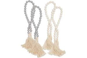 Farmlyn Creek Set of 4 Farmhouse Wood Beads with Tassels, Decorative Wooden Garlands for Table, Shelf, or Wall Decor (27 in)