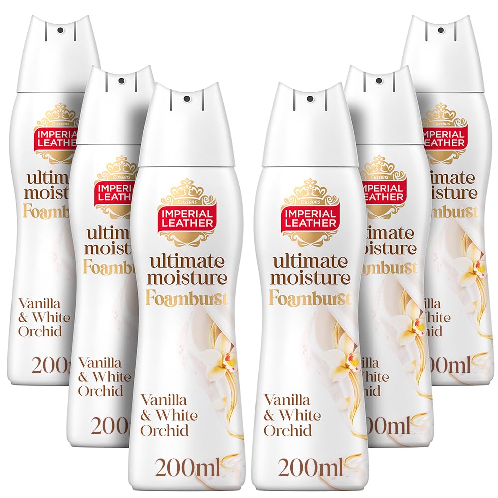 Imperial Leather Ultimate Moisture Vanilla & White Orchid Foamburst, Ultra Rich Lather & Delicate Fragrance, Suitable for Sensitive Skin, Vegan & Cruelty Free (200ml), Multipack 6 x 200ml