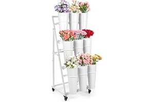 ZpigToor Flower Display Stand With 9 Buckets,Flower Bar with Wheels,Flower Cart Display Stand for Florist Garden Wedding Home