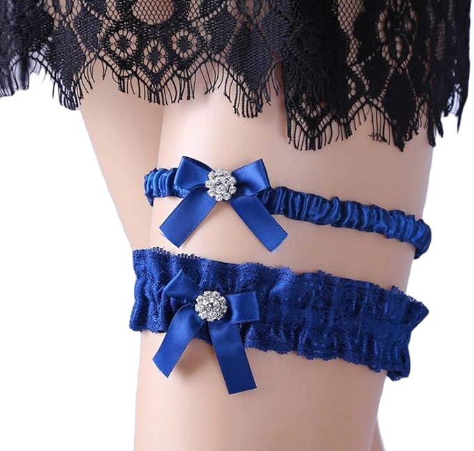 H&E 2 Pieces Garter Belts Lace Wedding Satin Garter Belt Set Blue Bow