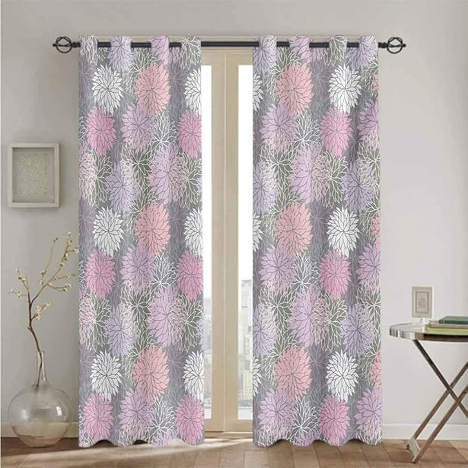 Pink and Grey Curtains and rods Set Blossom Bouquet Botanical Foliage