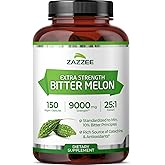 Zazzee Extra Strength Bitter Melon 25:1 Extract, 9000 mg Strength, 10% Bitter Principles, 150 Vegan Capsules, Standardized and Concentrated 25X Extract, 100% Vegetarian, All-Natural and Non-GMO