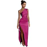 Zeflows Womens One Shoulder Ruched Side Satin Wedding Guest Dresses Adjustable Straps High Slit Backless Cocktail Maxi Dress
