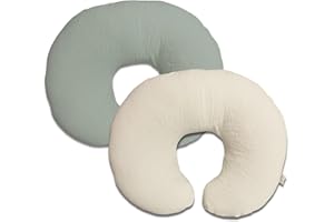 LETHOOLY Nursing Pillow Cover,Muslin Cotton,Removable Cover For Breastfeeding pillows,2-Pack Pillow Covers,Ultra-soft Baby Nursing Pillow, Fits Newborn Feeding Pillow 22.5IN*18IN (Sage Green & Cream-Coloured)