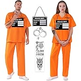 Kuberas Prisoner Costume for Adults Men Orange Prison Costume Inmate Jail Convict Halloween Cosplay Outfit for Women