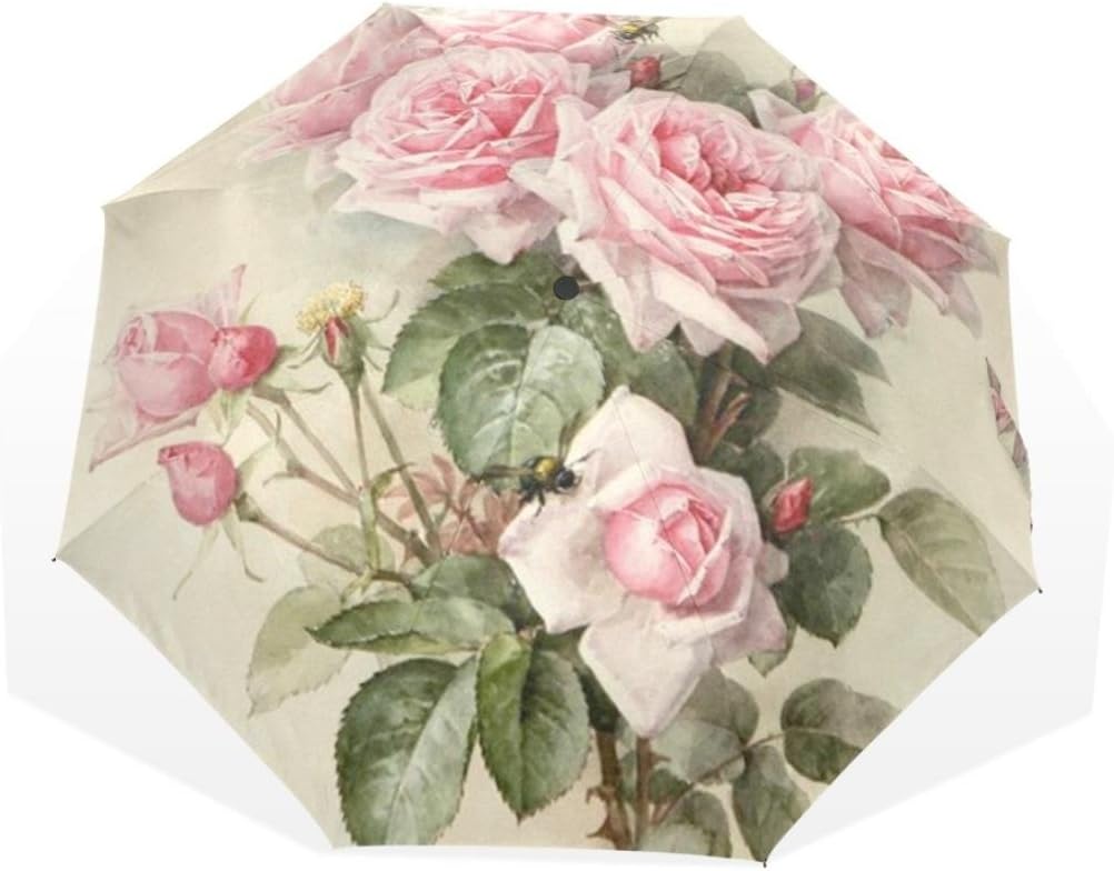 Vintage Shabby Floral Women Rain Umbrella Chic Pink Rose Three Folding Girl Durable Portable Umbrellas Rain Gear