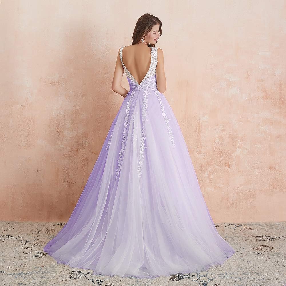 Abaowedding Women's Wedding Dress for Bride Lace Applique Evening Dress V Neck Straps Ball Gowns: Clothing