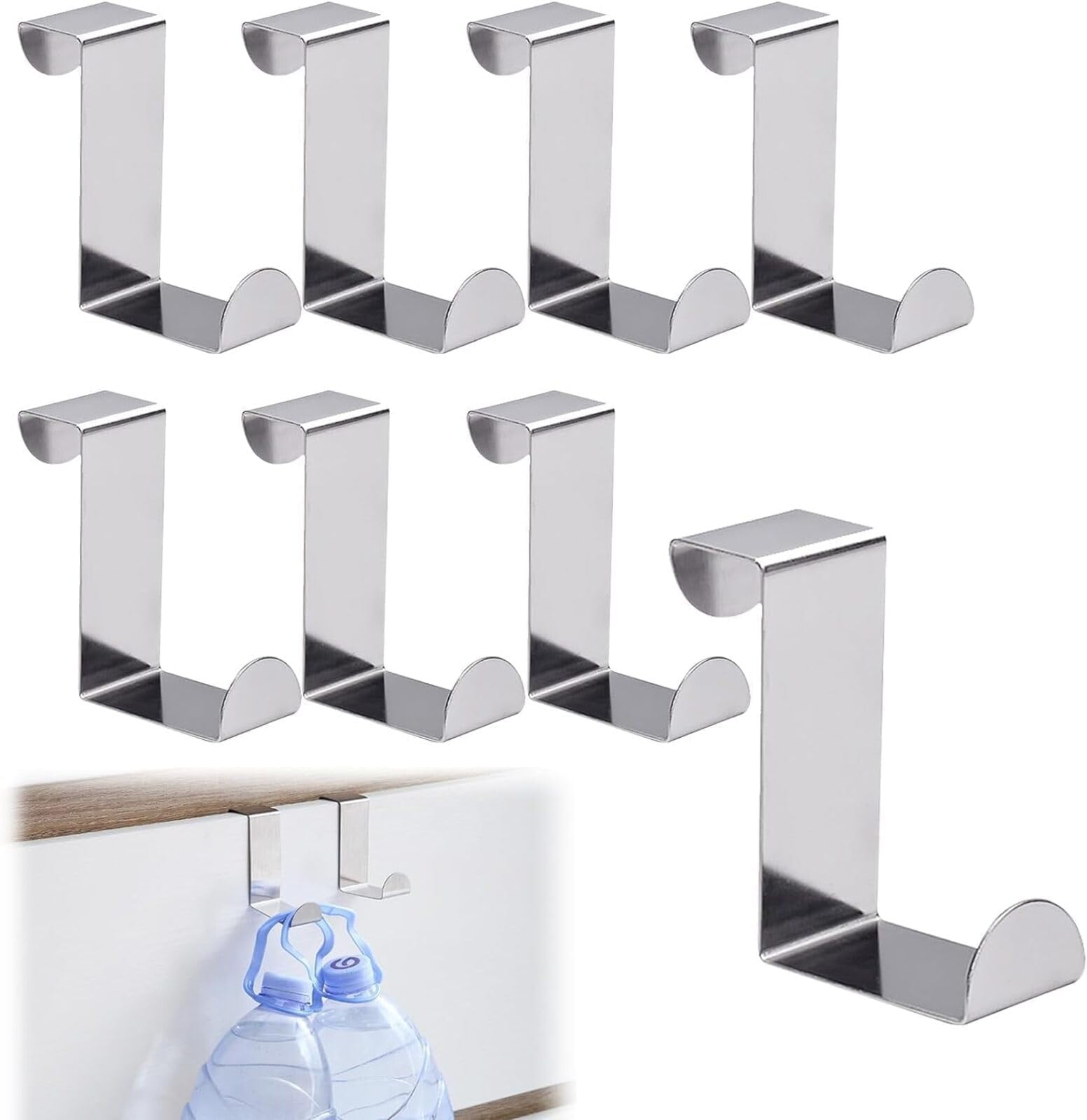 8 Pack Door Hooks No Drilled Heavy Duty Over Door Hanger Stainless Steel Metal Z Shaped Reversible Dual Head Single Space Saving Cupboard and Drawer Coat Hook for Kitchen Wardrobe Bedroom Bathroom
