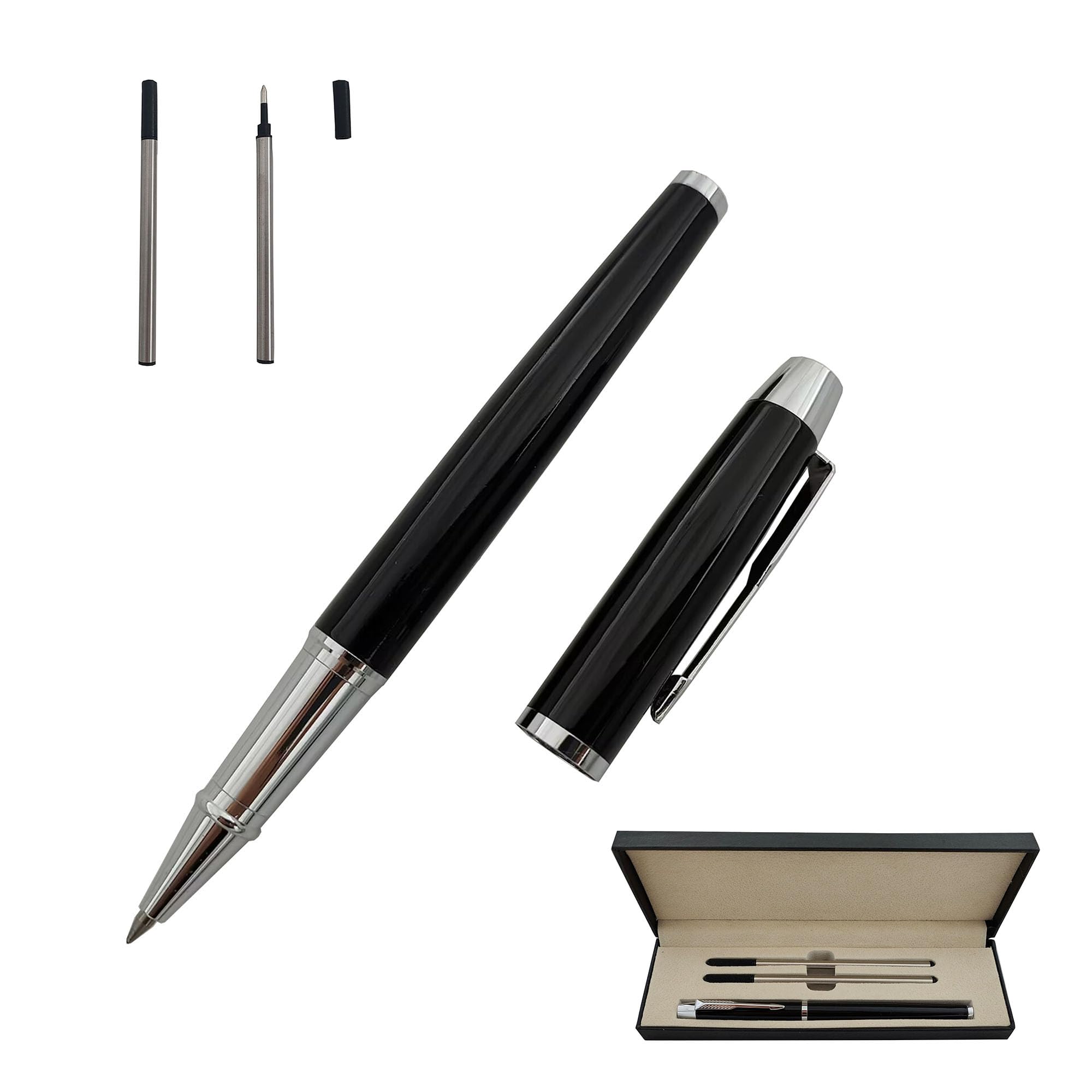 Accod Signature Pen Premium Metal Rollerball & Ballpoint Pen with Two 0.5mm Black Replaceable Refills High-grade Pen Box Gift for Family Friends and Colleagues (Black)