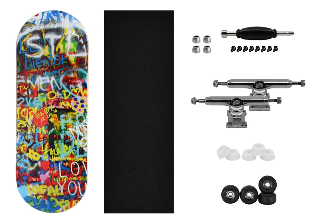 Teak Tuning 34mm Pro Fingerboard Heat Transfer Graphic Complete - Fully Assembled with Pro Level Parts - Pro Shaped Wood Deck (34x97mm), UltraSpin Wheels, Prodigy Trucks - Graffiti Wall