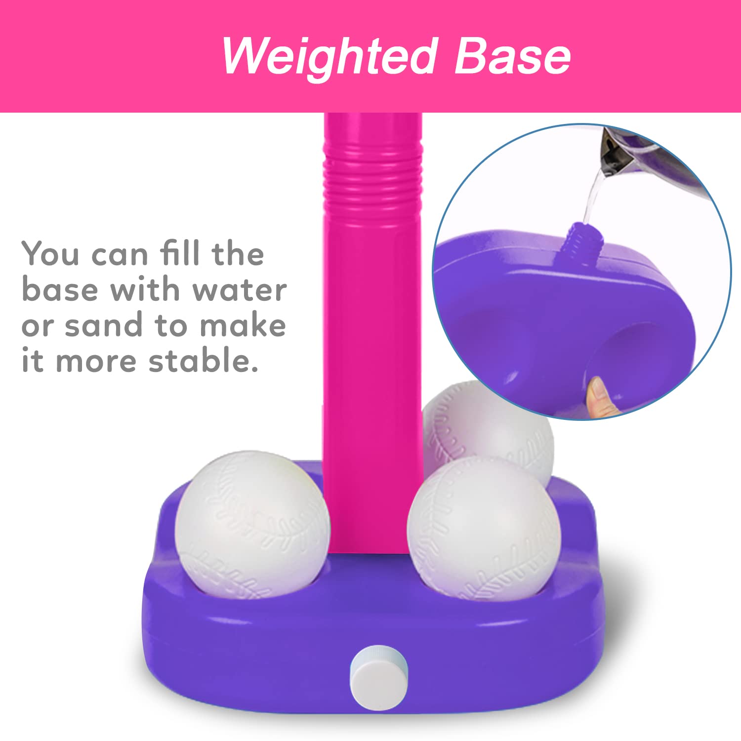 Liberry Adjustable T-Ball Set for Kids and Toddlers, Includes Kids Baseball Bat, Adjustable Height Tee Ball Stand, 4 Balls and Weighted Base, Sports Game Toy Gift for Boys Girls (Pink)