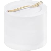 WELLIFE 100PCS White Plastic Dessert Plates and 100PCS Gold Disposable Forks, Premium Hard Dessert Plate 7.5”, Appetizer Plastic Plates for Party and Wedding