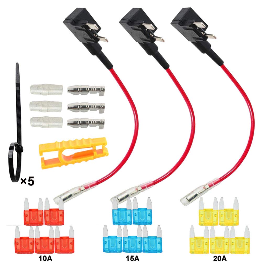 QitinDasen 3Pcs Premium ACS Small Add-A-Circuit Fuse Tap, Piggy Back Blade Fuse Holder Kit with Wire Harness, Free 15Pcs Mini Blade Fuses, 1Pcs Fuse Puller, 5Pcs Wire Ties (12V / 24V)