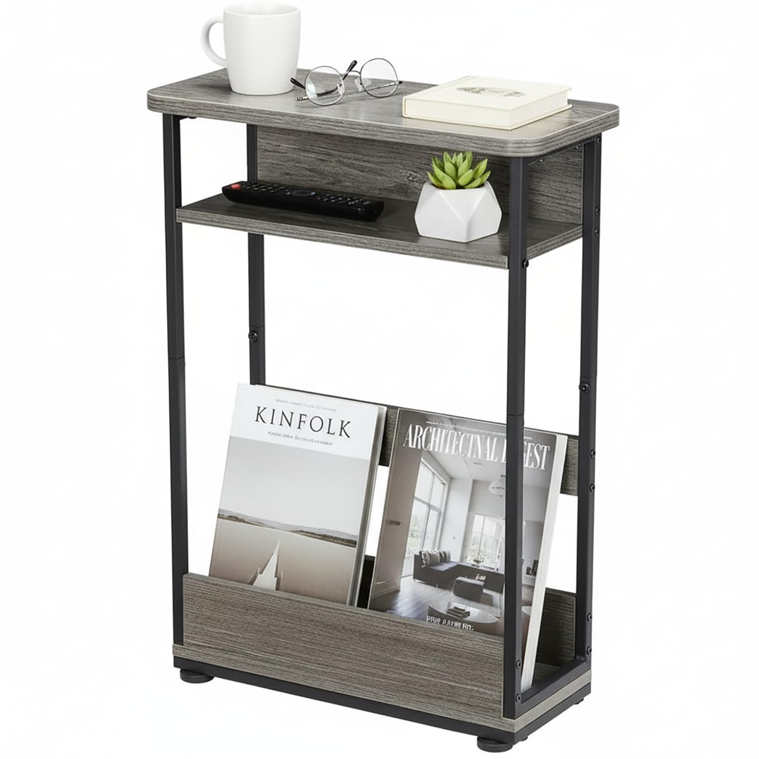 YEAKOO Narrow Side Table for Narrow and Small Spaces, Skinny Bedside Table Small Nightstand with Magazine Rack Space Saving (Grey, M)